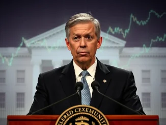 Fed Chair Powell delivering a crucial monetary policy update, impacting global financial markets and the cryptocurrency reaction.
