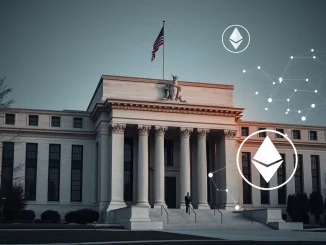 A visual representation of the US Federal Reserve building intertwined with digital currency symbols, signifying the upcoming Fed conference on crypto payments.