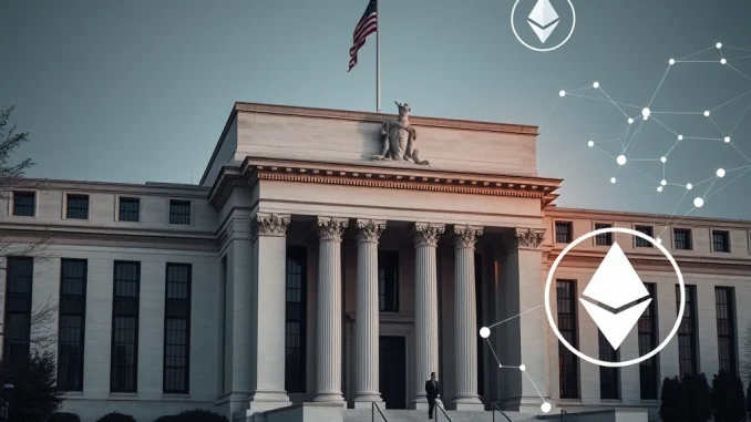 A visual representation of the US Federal Reserve building intertwined with digital currency symbols, signifying the upcoming Fed conference on crypto payments.