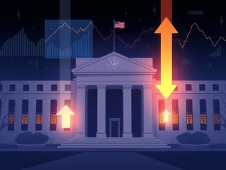 A visual representation of the US Federal Reserve building with downward-pointing arrows, symbolizing the anticipated Fed interest rate cut and its impact on the economy.