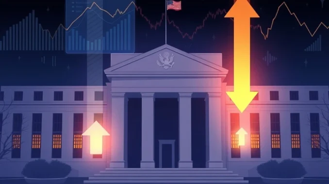 A visual representation of the US Federal Reserve building with downward-pointing arrows, symbolizing the anticipated Fed interest rate cut and its impact on the economy.