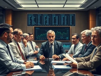A depiction of Federal Reserve policymakers discussing interest rate cuts and their impact on financial markets, conveying economic strategy.