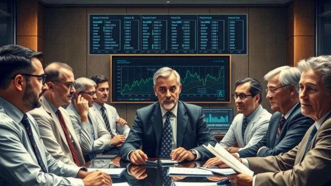 A depiction of Federal Reserve policymakers discussing interest rate cuts and their impact on financial markets, conveying economic strategy.