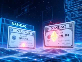 A digital representation of FG Nexus tokenization, showing Nasdaq shares transforming into blockchain security tokens on the Ethereum network.