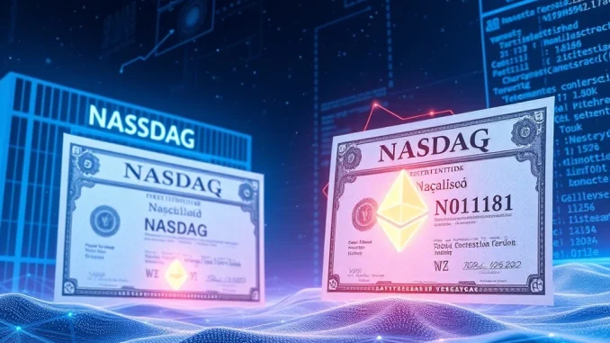 A digital representation of FG Nexus tokenization, showing Nasdaq shares transforming into blockchain security tokens on the Ethereum network.