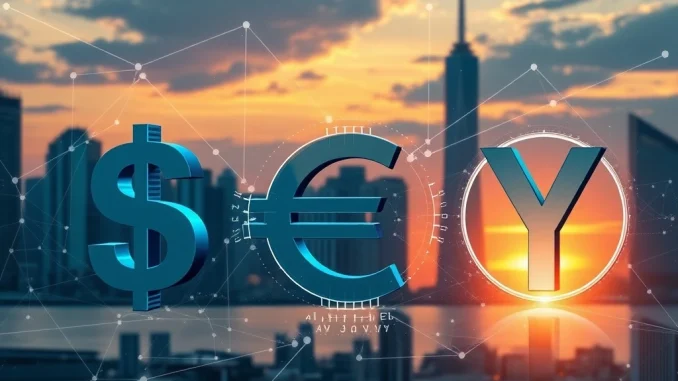 A digital rendering showing global *fiat currencies transforming into stablecoins* on a blockchain, symbolizing a future of efficient finance.