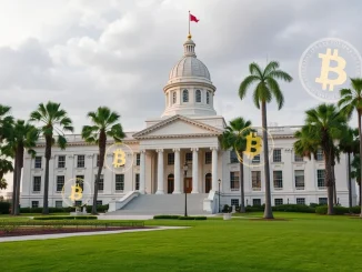 Florida Bitcoin Investment bill represented by state capital building and crypto symbols, symbolizing state crypto policy.