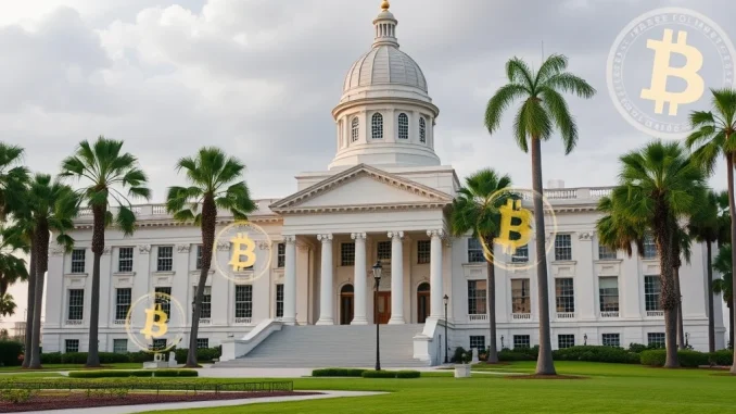 Florida Bitcoin Investment bill represented by state capital building and crypto symbols, symbolizing state crypto policy.