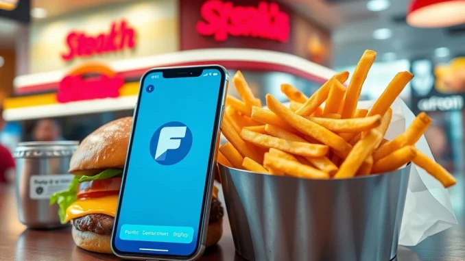 Fold Bitcoin partnership with Steak 'n Shake for a promotional giveaway, showing a burger and a phone with the Fold app.