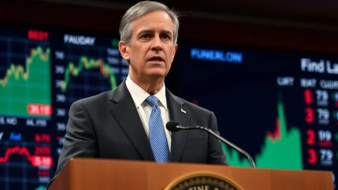 Jerome Powell addresses the media after an FOMC meeting, conveying economic guidance and the ongoing uncertainty around interest rate decisions.