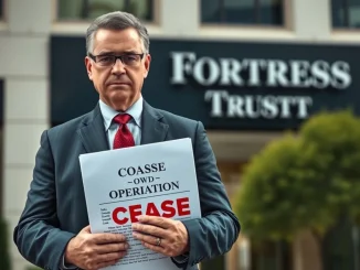 Nevada regulators issue a cease and desist order to **Fortress Trust**, symbolizing regulatory action against crypto insolvency.