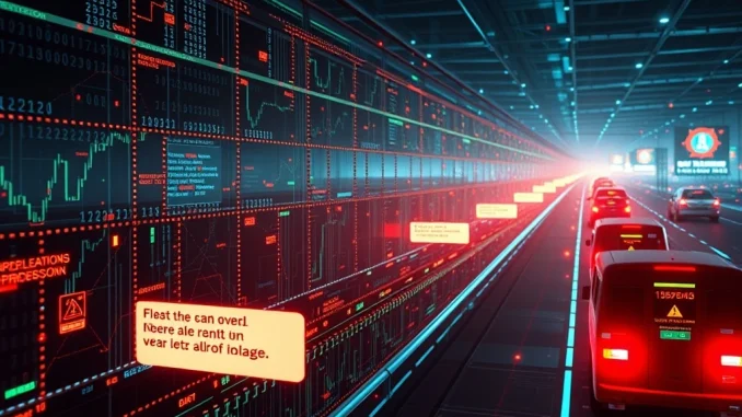 Fourdotmeme's network experiences critical traffic overload, showing a digital representation of data congestion impacting the memecoin launchpad.