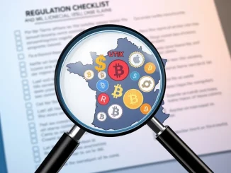 A magnifying glass scrutinizes a digital representation of France, symbolizing intensified **France crypto AML** checks for MiCA licensing.