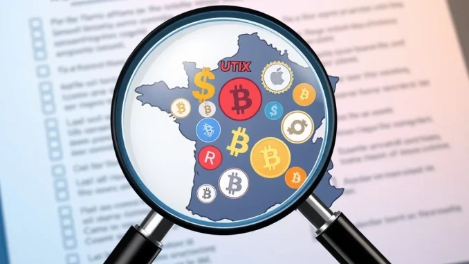 A magnifying glass scrutinizes a digital representation of France, symbolizing intensified **France crypto AML** checks for MiCA licensing.