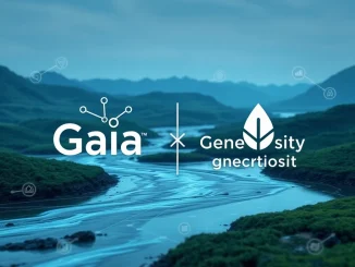 Illustrative graphic showing Gaia's decentralized AI connecting with Generosity's water intelligence system, emphasizing secure water quality data.