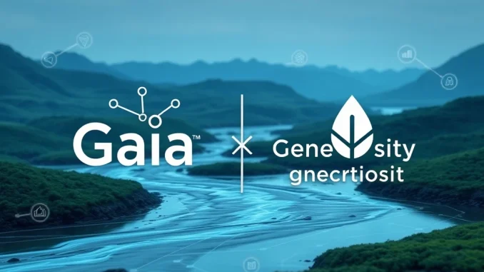 Illustrative graphic showing Gaia's decentralized AI connecting with Generosity's water intelligence system, emphasizing secure water quality data.