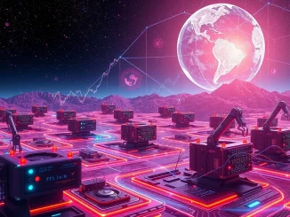 GAIB's platform tokenizing AI infrastructure, showing digital GPU and robotics assets connected to blockchain for DeFi investment returns.