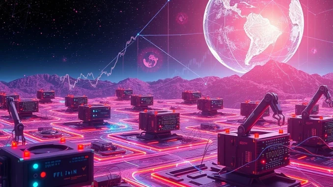 GAIB's platform tokenizing AI infrastructure, showing digital GPU and robotics assets connected to blockchain for DeFi investment returns.