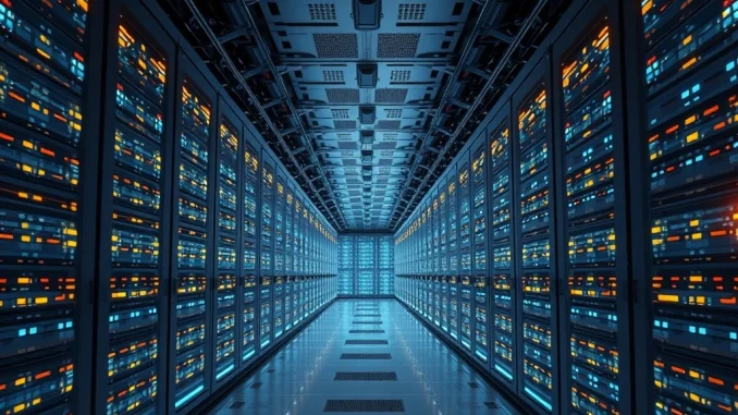 A modern, secure data center facility, representing Galaxy Digital's investment in cryptocurrency data centers and robust digital asset infrastructure.
