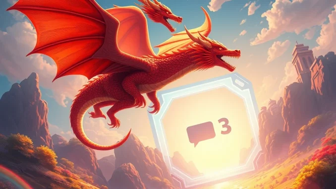 GemHUB Dragon Flight game character, a majestic dragon, soaring towards the innovative Line Next Mini Dapp Portal, symbolizing a new era in Web3 game launch.