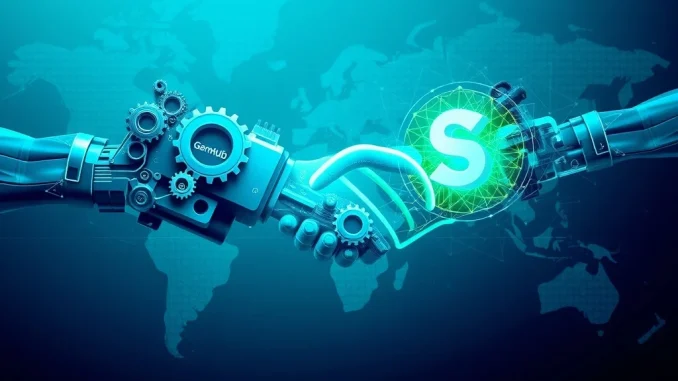 Two abstract entities, GemHUB and Scroll, shaking hands digitally, symbolizing their strategic blockchain partnership and the integration of zkRollup technology.