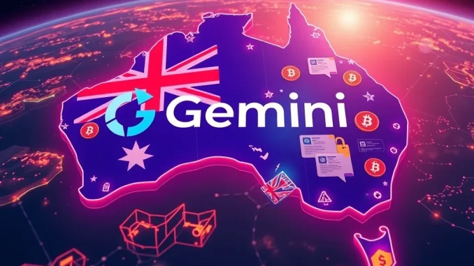 Gemini Australia's strategic market entry in Australia, symbolized by its logo over a map, highlights compliance and growth in the crypto exchange sector.