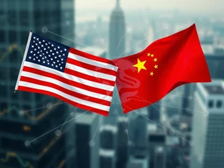 Visualizing geopolitical tensions between the US and China, impacting global markets and digital asset stability.