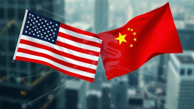 Visualizing geopolitical tensions between the US and China, impacting global markets and digital asset stability.