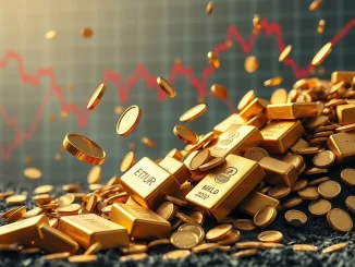 A visual depiction of the **gold price drop**, showing gold bars falling amidst a volatile financial chart, indicating market uncertainty.