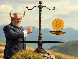 A market analyst comparing gold and Bitcoin on a scale, illustrating Ed Yardeni's **Gold vs Bitcoin** prediction.