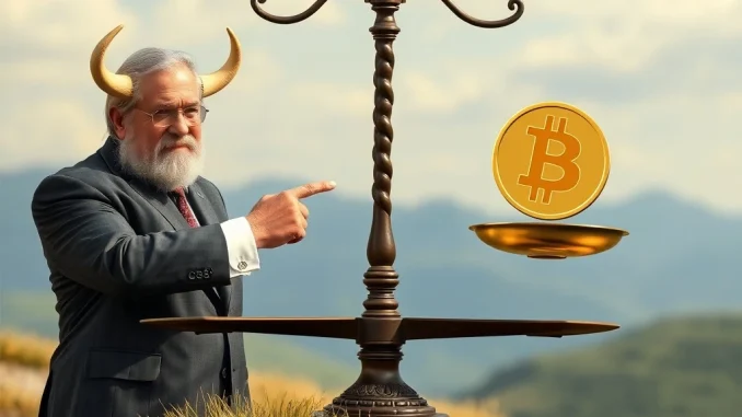 A market analyst comparing gold and Bitcoin on a scale, illustrating Ed Yardeni's **Gold vs Bitcoin** prediction.