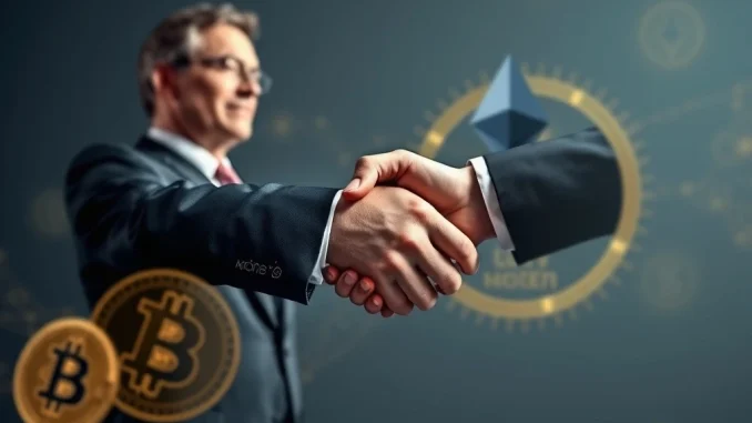 Executives from Goldman Sachs and DBS finalize a significant inter-bank crypto options trade, symbolizing institutional crypto adoption.