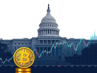 An illustration showing the **government shutdown's** potential impact on the crypto market, highlighting **Bitcoin price impact** and regulatory uncertainty.