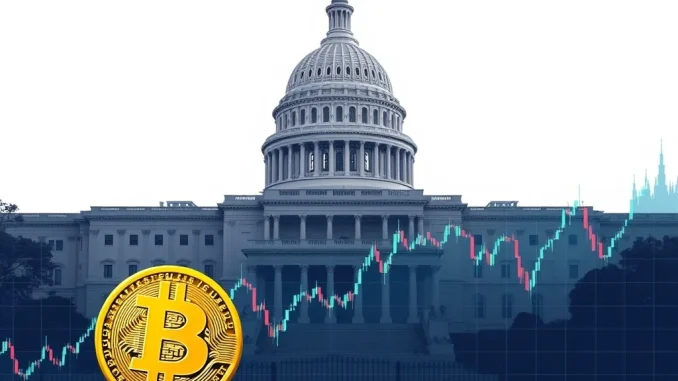 An illustration showing the **government shutdown's** potential impact on the crypto market, highlighting **Bitcoin price impact** and regulatory uncertainty.