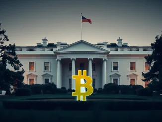 A visual representation of the **government shutdown**'s potential resolution, showing the White House with market indicators and a Bitcoin symbol, symbolizing its impact on financial markets.