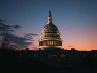 US Capitol building under a cloudy sky, symbolizing **Government Shutdown Impact** on financial and **cryptocurrency market stability**.