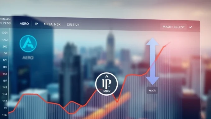 Grayscale rebalancing dashboard showing Aerodrome Finance (AERO) and Story (IP) added, Maker (MKR) removed, illustrating strategic fund adjustments.