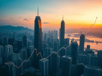 A bustling Hong Kong skyline with digital overlays, symbolizing HashKey Group's ambitious IPO and significant cryptocurrency investment.