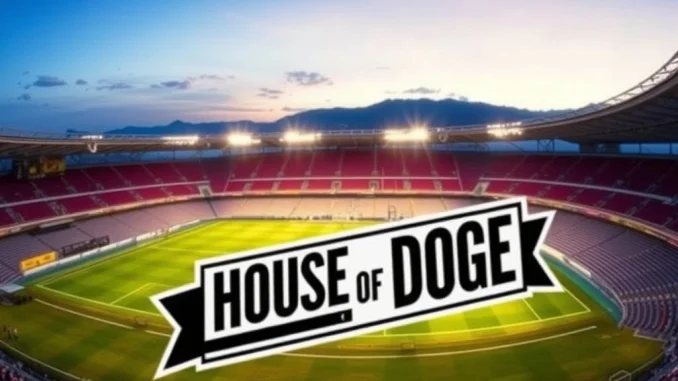 House of Doge logo superimposed on a soccer stadium, symbolizing the House of Doge acquisition of an Italian football team and the integration of cryptocurrency.