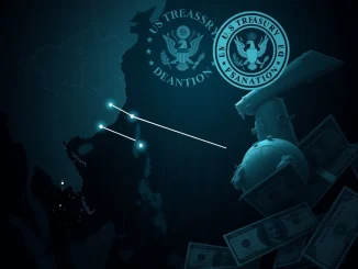 Illustrative map showing illicit crypto remittance flows from the US-sanctioned Huiyuan Group in Cambodia to Seoul, South Korea, highlighting financial crime.