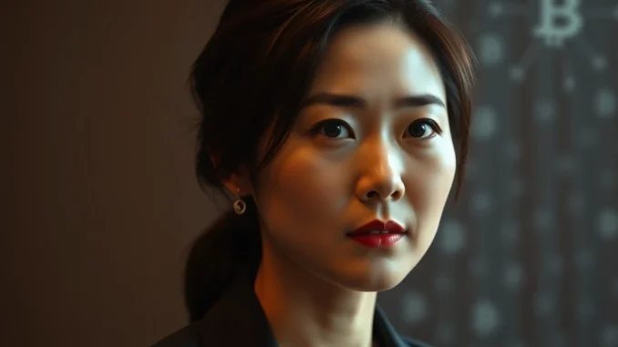 Actress Hwang Jung-eum facing legal consequences for crypto embezzlement, conveying the gravity of her suspended prison sentence.