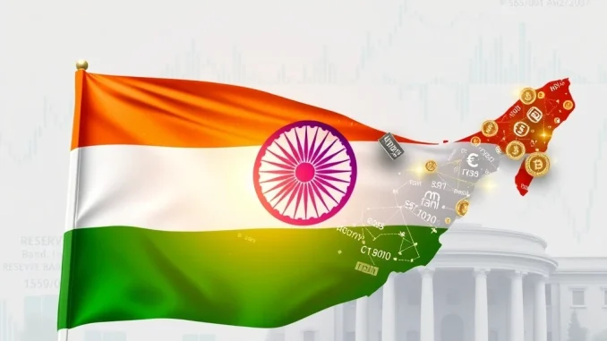 A digital representation symbolizing India's new financial era, featuring its national flag, blockchain, and digital currency, highlighting India crypto regulations.