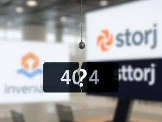 A 404 error page icon overlaying blurred logos of Inveniam and Storj, symbolizing the missing report on the Inveniam Storj acquisition.