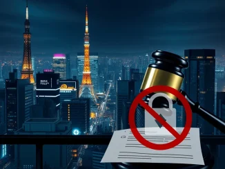 A gavel over crypto symbols in front of a Tokyo skyline, symbolizing Japan crypto regulations cracking down on insider trading.