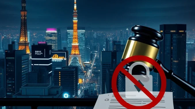 A gavel over crypto symbols in front of a Tokyo skyline, symbolizing Japan crypto regulations cracking down on insider trading.