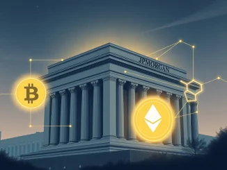 JPMorgan building connecting with Bitcoin and Ethereum logos, symbolizing the bank's consideration of crypto collateral for loans.