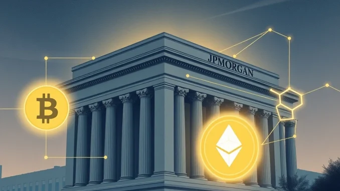 JPMorgan's Pivotal Move: Embracing Bitcoin and Ethereum as Loan Collateral JPMorgan building connecting with Bitcoin and Ethereum logos, symbolizing the bank's consideration of crypto collateral for loans.