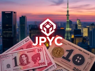 Illustrative image of the JPYC yen stablecoin logo against a backdrop of Japanese currency and digital elements, symbolizing its launch and impact on Japanese crypto.