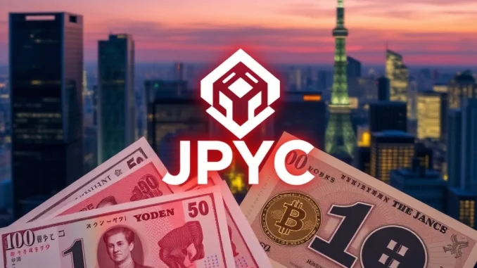Illustrative image of the JPYC yen stablecoin logo against a backdrop of Japanese currency and digital elements, symbolizing its launch and impact on Japanese crypto.