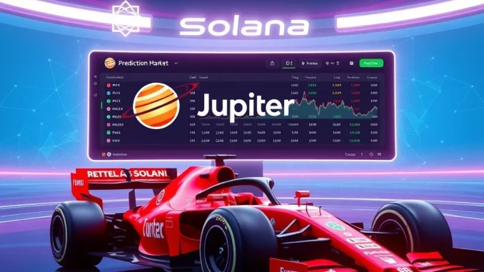 Jupiter prediction market beta interface showing F1 betting options on Solana DEX.